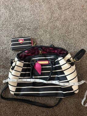Betsey Johnson Black White Striped Handbag Tote Purse Matching Wallet Set Pink